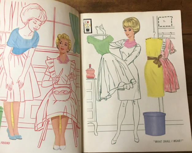Two page spread of line drawings like in the previous image, but different scenes with some stickers applied. On the lefthand page, bubblecut Barbie, whose hair and head are a line drawing that is not blank/awaiting a sticker, has a sticker blue top, line-drawn full skirt, and sticker lergs in blue pumps. She leans over her mother, who sits peeling potatoes in her lap. Mother's body is a line-drawn apron, bowl of potatoes, knife, etc. Liek Barbie, her legs are fleshtoned with fully illustrated (white) shoes, and her head and neck are also fully illustrated in color. The fleshed-out head and neck above the line-drawn body looks disconcerting. It almost just looks like a hovering head, and to add to that she has a sort of sinister, knowing smile. On the right side, bubble cut Barbie's head and neck are now a fleshed-out sticker on a line-drawn figure holding up a dress on a hanger. the dress has a green sticker top and line drawn full skirt. Behind her hang two more dresses, one a yellow sheath with brown belt and button accents that the shoulders, and one a line drawn full skirt with buttons on the bodice. This is colored pink with crayon.