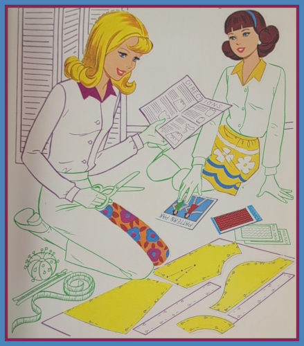 Page from a 1971 Barbie sticker activity book depicts Barbie and Francie sitting over a paper pattern laid out on fabrid. Barbie holds instructions and a pair of scissors. Most of the page is a line drawing in purple and green, but the characters' heads are fully colored, most of the pattern pieces are yellow, Francie's skirt is yellow with blue stripes and white flowers, and one of Barbie's pant legs is orange with blue and purple flowers. The pattern envelope, partly under Francie's hand, is also in color showing two figures in red and green minidresses on a blue background,