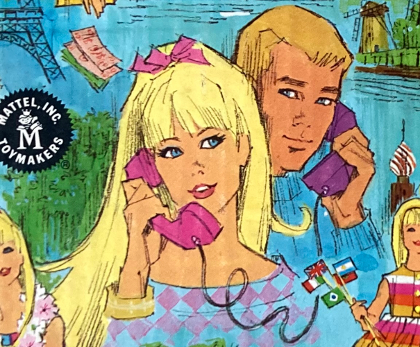 Floating heads and shoulders of Ken and TnT Barbie on the game box. Both are blond-haired and blue-eyed. Barbie holds a pink telephone handset and Ken a purple one. Ken wears a light blue sweater while barbie wears a wide-necked top of some sort covered in a pink and blue diamond pattern. A thick gold band at her wrist could be jewelry but looks like a cuff. In all images Barbie has the pink bow in her hair that the doll came with at this time. It is prominent here. In corners of the image we can see overlap from other portraits already described: Barbie's lei; Skuppers flags of the world (including Italy, Israel, Great Britain), one of Casey's piles of cash, plus a windmill and the base of the Eiffel Tower.
