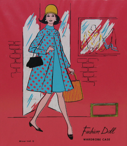 On a red background, color illustration of a woman with brunette flip hair style walking in a blue swing coat covered in red diamonds, with tall collar and two large buttons at the neckline. She wears a tall gold hat, white button pearl earrings, black heels. On one arm she carries a black handbag and in the other hand carries a striped shopping bag. Behind her is a brick wall (black brick outlines on the red background), set into which are a glass door (indicated by rectangle of white and blue scribbles) and a window displaying a blouse and scarf drawn in yellow and blue.