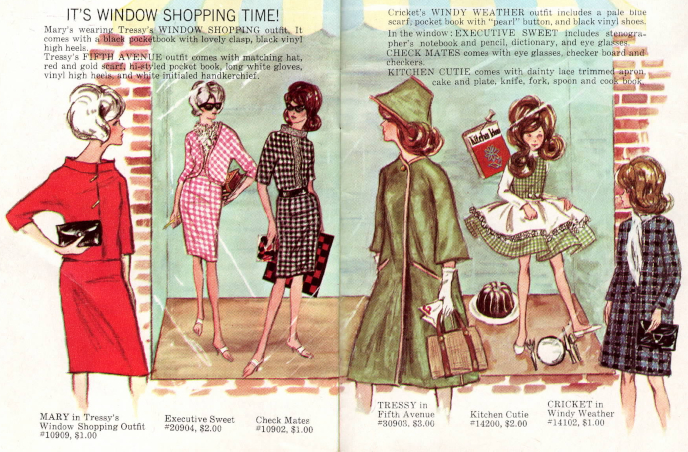 Color illustration of three characters looking into a shop window containing three more of themselves. Outside the window, Mary (blonde bobbed hair) wears a red suit with wide collar and black envelope purse; Tressy (brunette flip) wears a green swing coar with 3/4 sleeves, white gloves, brown handbag with strap, and conical hat matching her coat; Cricket (a youth with brown hair in loose curls) wears a checked coat with white scarf and carries a black purse. Inside the window, Mary wears a pink-and-white checked suit; Tressy, a black-and-white checked suit with collarless jacket and mock turtleneck shirt beneath, carrying a red-and-black checkerboard. Mary and Tressy in the window both wear thick black-famed glasses. Window Cricket wears a fit-and-flair green checked pinafore dress with white apron and long-sleeved white undershirt. A cookbook titled "Kitchen Ideas" hangs near her head and a cake sits near her feet. Her hair in the window is quite bouffant. Text reads, "It's window shopping time! Mary's wearing Tressy's WINDOW SHOPPING outfit. It comes with a black pocketbook with lovely clasp, black vinyl high heels. Tressy's FIFTH AVENUE outfit comes with matching hat, red and gold scarf, hi-styled pocket book, long white gloves, vinyl high heels, and white initialed handkerchief. Cricket's WINDY WEATHER outfit includes a pale blue scarf, pocket book with "pearl" button, and black vinyl shoes. In the window, EXECUTIVE SWEET includes stenographer's notebook and pencil, dictionary, and eye glasses. CHECK MATES comes with eye glasses, checker board and checkers. KITCHEN CUTIE comes with dainty lace trimmed apron, cake and plate, knife fork, spoon and cook book." 