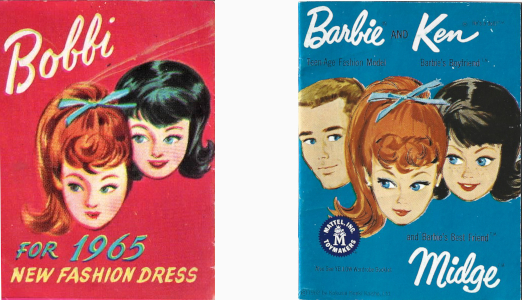 Right: A Barbie, Ken and Midge booklet showing their three heads floating on a blue background. Barbie, at center, has a red ponytail tied with a blue bow. On her left, Midge has a black colored flip. The girls eyes are both cast to the right. Ken, looking over Barbie's right shoulder, has a blond crew cut.
At right, "Bobbi for 1965 New Fashion Dress" booklet cover has two floating heads on red background. In the center, a character with a red ponytail tied with a blue bow has her eyes turned to the right. Behind her on her left, a character with a black flip also has eyes turned to the right. They don't quite look traced from Barbie and Midge but definitely copied.