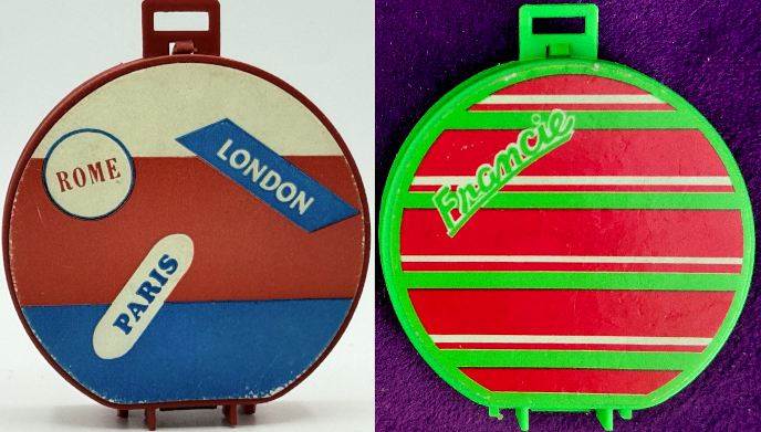 Images from eBay. Left is a red plastic hat box with white, red and blue stripes and sticker-look details that say "Rome," "London," and "Paris." Right is a green plastic hat box with white, green and pink stripes and the word "Francie" scrawled along the top right.
