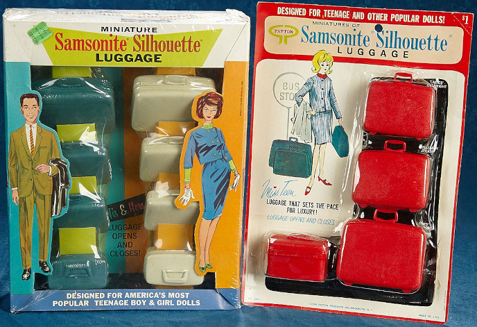 Photograph from Theriault's catalog of two miniature Samsonite Silhouette luggage sets. Left is one for "popular teenage boy & girl dolls." It contains eight total pieces, four in teal, four in white.In each color are a large suitcase, two smaller suitcases, and a train case. The white set appeared in the first image in the post. Characters that somewhat resemble Barbie and Ken are illustrated on the packaging. Right is packaging for a set of four pieces, now in red. The illustration shows a blonde flip-haired character in a striped suit, surrounded by teal luggage pieces, next to a sign that says BUS STOP. Some of the text reads, "Miss Teen; luggage that sets the pace for luxury! Luggage opens and closes."
