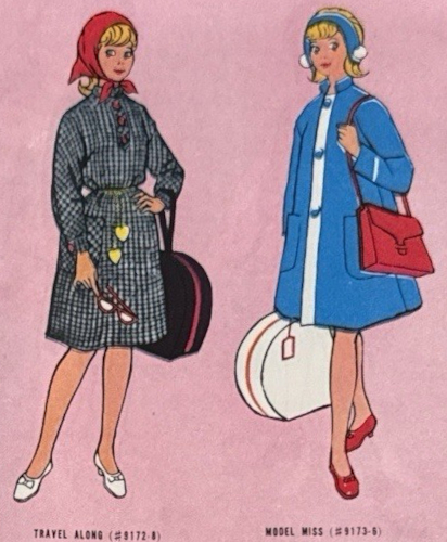 Color illustration of Tammy's Travel Along (left) and Model Miss (right). Tammy, with blonde flip haircut, models the two fashions. Travel along is a grey checked belted dress with patch pockets, white closed-toed shoes with bows, a pair of red-framed glasses Tammy holds in her hand, a red scarf tied over her head, a pair of heart charms hanging from her belt, plus a black hatbox on a strap with a red band around the outside. Model Miss is a bright blue swing coat with white stripe down the front housing a row of blue buttons, white trim at the wrists, a matching hat that's basically a hairband from ear to ear with white puffs at the two ends, a red shoulder bag, red closed-toed shoes, and the hat box but in white with red trim.