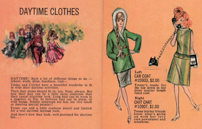 Two images from the color booklet. Left is a cover page for the Daytime Clothes section with Tressy in a red suit, Cricket, her little sister, in a pink flared dress, and other characters in swing coats or something hazily beyond them. Right is a composition of two Tressies wearing Car Coat and Chit Chat. Car Coat is shown as a green double-breasted "three quarter length" coat with white-trimmed hood. Tressy has a side braid and is shown weearing a slim skirt that is not part of the ensemble. Right, a red-headed Tressy with topknot wears a fun striped shift with two buttons on its belted waist. She speaks on the phone and holds a newspaper.
Description on the left side reads: "DAYTIME! Such a lot of different things to do--school, work, shop, luncheon, visit--
"Tressy and Cricket have a beautiful wardrobe to fit in with their daytime activities.
"Their hair styles should fit in, too. Neat, always. But now their hair can be a little more elaborate than their casual playtime look. Long hair can be worn in a pageboy or flip. In between hair can be plain, or with bangs. Simple upsweeps are fun, too (for lunch or meeting special people!)
"Tressy can add a little eyebrow pencil and lipstick for a real daytime teenage look.
"And here's how they look, well-groomed for daytime fun..."
At right, Car Coat ($2) and Chit Chat ($1) are briefly described: "Tressy's ready for the top down in her three quarter length lined coat." and "Tressy lets her friends know what's going on with her very own newspaper and telephone."