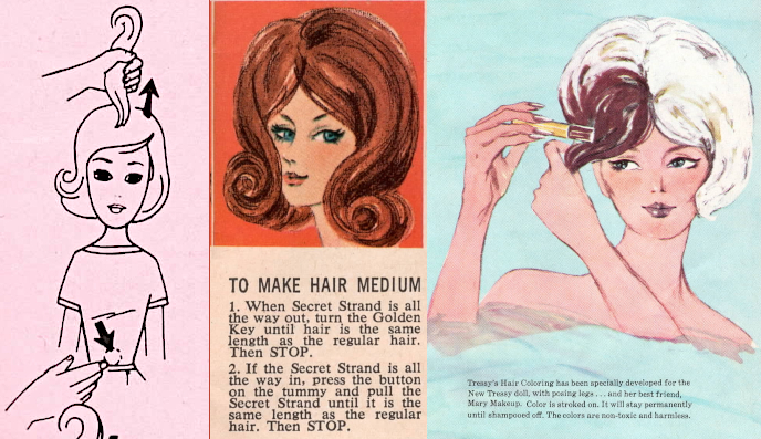 Left image is a black line drawing of a doll on pink background. A lock of her hair is held straight up by a disembodied hand, and another hand is aimed at her belly button. Arrows indicate pressing the button while pulling the lock of hair. Center is a color drawing, likely oil pastel, of a brunette flip hairstyle. Text says "TO MAKE HAIR MEDIUM..." Right is an illustration of platinum blonde short-haired Mary dyeing a lock of her hair brown with a marker.