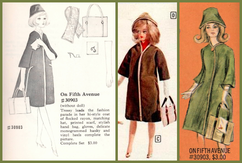 The black-and=white catalog shows On Fifth Avenue as a slightly flared, dark-colored doat with light trim and a bucket-shaped hat. Accessories illustrated are a scarf, handbag, long glove, shoe, and handkerchief. At center, a color catalog image shows the coat in brown with light trim. The color illustration at right shows a green dress and hat with mustard colored trim. The lefthand tressy has a chin-length bob while the others have blonde shoulder-length hair.
The outfit is described in the lefthand panel: "On Fifth Avenue #30903 (wthout doll) Tressy leads the fashion parade in her hi-style coat of flocked rayon, matching hat, printed scarf, stylish hand bag, gloves, delicate monogrammed hanky and vinyl heels complete the picture. Complete Set $3.00"