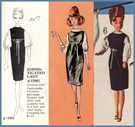 Composition of three images of Tressy in Sophisticated lady: a black empire-waisted velveteen shift with tie belt at waist, white collar, and full white sleeves of crepe. The sketches show the sleeves elbow-length, while the department store catalog image shows them to the wrist. Each character has an updo, with the color versions in medium brown.
Lefthand panel bears a description: "Sophisticated Lady #15902 (without doll) Fashionable velveteen and crepe Empire shift dress with soutache tied in a bow and vinyl heels. Complete Set $1.50."