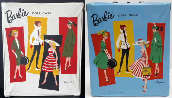 Two vinyl doll carrying cases, one in white and one in light blue. On each, Barbie characters stand in front of colored rectangles that are a bit askew. Three characters are bascailly the same between them: Winter Holiday with no bag; a fit-and flar red-and-white-striped sleeveless sundress with wide-brimmed white hat (though the skirt stripes run horizontal on one case and vertical on the other) carrying a woven straw bag; and a green overcoar with matching hat with feather. On the left case, the last character appears to wear commuter set but in green, carrying a black hat box. On the right, the suit is changed to include a full, flared skirt.