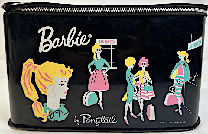 Black vinyl zippered case with Barbie logo in white and figures in 4 colors (white, yellow, pink and teal). Two blonde ponytails in simple scenes: one in a full pink skirt and long-sleeved teal top stands in front a of a window that says TICKETS, a hat box at her feet; one in teal cape and striped pencil skirt stands at an INFORMATION counter, pink suitcase on the floor next to her; and two more figures, blonde bubblecut and redheadeed flip (maybe Midge), wearing a teal suit and a yellow top with flared pink-and-white striped skirt respectively, stand next in line at information or ense just stand around, with another pink suitcawse at their feet and smaller bags on their arms. One closeup profile of blonde ponytail barbie wears what looks like a nightgown based on the close, ruffled neck with box closure.