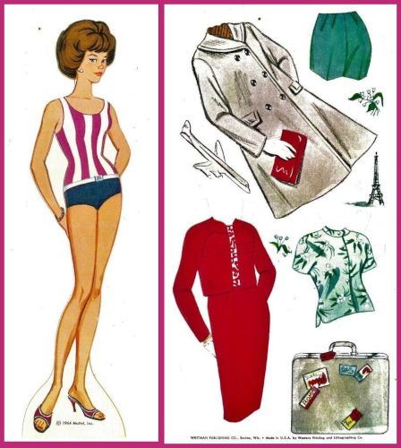Brunette bubblecut Barbie paper doll in a swimsuit consisting of a solid blue bottom colorblock, slim white belt, and red-and-white vertically striped top portion; and a layout of paper doll fashions including a white overcoat with red clutch, red Chanel-type suit, green-on-white Hawaiian shirt and green shorts, and dingy white suitcase covered in travel stickers. Little airplane, Eiffel tower and tropical flowers adorn the space between the fashions.