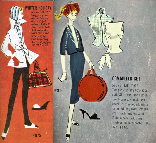 Color drawings in Barbie fashion catalogs of the early 60s. Left, Barbie in Winter Holiday, a white jacket over a striped hooded sweatshirt, black leggings, anda  plaid overnight bag. Right, Barbie in Commuter Set, a navy jersey suit with white top, long beaded necklaces, feathery red crescent hat, white gloves, large red hat box. 