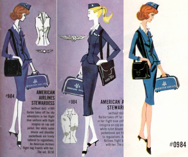 Three color illustrations from Mattel Barbie fashion booklets, each showing the American Airlines Stewardess ensemble. In the center image, alabaster-skinned, blonde-ponytailed Barbie faces left, a large black purse slung over one shoulder and her American Airlines flight bag in the other hand. At left, alabaster Barbie with reddish flip hairstyle faces right. The image at right is a copy of that at left except that Barbie's skin is peach-toned and her face is detailed with more precision.