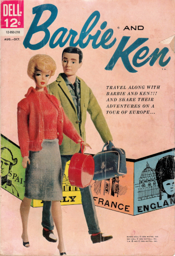 Cover of vintage Barbie and Ken comic book with photograph of dolls: blonde bubble cut barbie in Sweater Girl and dark-haired Ken is a shport jacket. They appear to be walking. Barbie carries her hed hat box and Ken the American Airlines flight bag. Behind them are colorful posters or signs for Spain, Italy, France and England. Caption reads, "Travel along with Barbie and Ken!!! And share their adventures on a tour of Europe..."