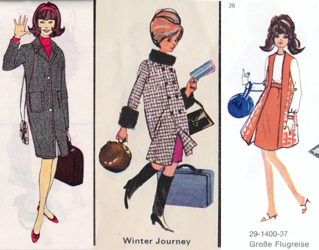 3 panels with characters drawn on white backgrounds. L: Sindy with short brown flip hair and red hairband wears long gray coat over red turtleneck. Over one shoulder is a camera on long strap and in her hand is a brown case. Shoes are closed-toed red with bows. Center: blonde Tressy with bouffant updo in double-brewasted, fur-lined houndstooth coat. In one hand is a plane ticket, and over that wrist hands a black purse. In the other hand is a brown hat box and next to her feed is a blue suitcase. Caption reads Winter Journey. Right: brown pigtailed Gaby with heavy eye makeup wears a white blouse, red skirth, and long red-and-white checked sweater vest to the hemline with hite gloves, white open-toe shoes and maybe a white hairband (could be hair texture). On one wrist hands a blue hat box with a name written indistinctly on the front. Text says 29-1400-37 Grosse Flugreise.