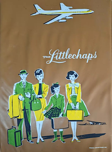 Light brown vinyl case with the Littlechaps family of four illustrated in white, black, yellow and green. Father wears a green suit and fedora, yellow coat over his arm, with green suitcase at his feet. Monther wears a yellow Chanel-type suit with black shell and carries a large green handbag. Little sister wears a green jacket and flaired plaid skirt, green kneesocks, holding a brown suitcase. Older sister wears a full green skirt, short yellow jacket with wide sleeves and large bow front blouse and holds a yellow suitcase. A white airline with yellow stripe flies overhead. Small in the background is a modern building, swoosh-shaped with glass front, which looks quite a bit like Dulles airport in DC.