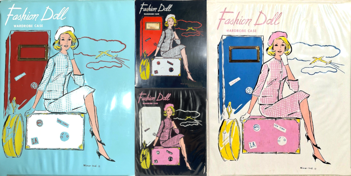 Four "Fashion Doll Wardrobe Case" vinyl covers that are identical except for coloring. All show a blonde woman in a checked suit with 3/4 length sleeves, betet, short gloves, and black shoes sitting on a suitcase covered in travel stickers, with a larger trunk behind her and a yellow hat box to the fore. One case is light blue with white checked suit and main suitcase and red trunk; one is black with the same colors; one is black with pink checked suit and main suitcase and white trunk; and one is white with pink suit and suitcase and blue trunk. In each a yellow airplane scoots through the clouds in the sky at back. The clouds are outlined in the color of the trunk.