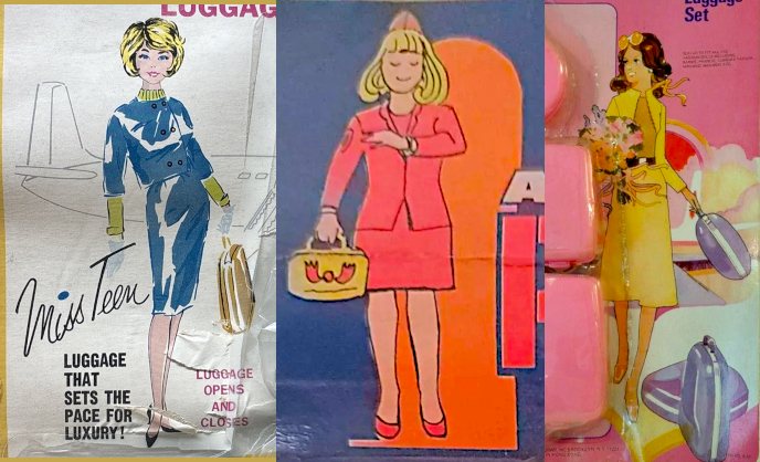 Three color illustrations from doll suitcase packaging. One is a fashionable-looking woman with short blonde hair, a blue suit, and goldish colored suitcase in hand before a line drawing of a plane. Text reads Miss Teen Luggage that sets the pace for luxury! Luggage opens and closes. One is a cartoon drawing of a flight attendant, or maybe a kid playing flight attendant, with blonde hair and bangs, hot pink suit with matching shoes, and yellow bag in hand with what looks like a big flying on the front. She stands before an open airplane door and looks at her watch. Third is a woman in a yellow suit with brown wavy hair, yellow sunglasses on top of her head, and a three-piece set of lavender-colored luggage. In the backgorund part of a plane is rendered in a mass of cloud, but on the ground (can they take off in that?).