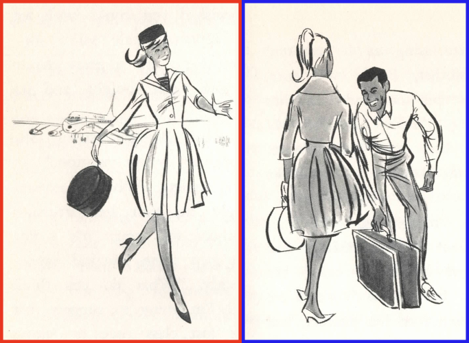 Two b/w images of light-colored ponytail Barbie deplaning in two different chapter books. In both, she wears a full skirt with pleating and a jacket with 3/4 length sleeves and wide collar. In the first she wears a dark-colored pillbox hat and dark closed-toe shoes, swinging a dark hat box as she walks away from a distant plane. In the second she stands facing away, in white closed-toe shoes, holding a white hat box, while a smiling, clean-cut young man stoops to pick up her suitcase.