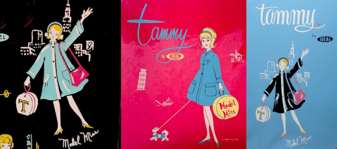 Three vinyl cases or case details with yellow-haired Tammy in Model Miss. In the first, on a black background, Tammy waves before a city skyline. Her outfit is in the standard colors but with yellow shoes, and the white hat box has a large yellow T on the front instead of the usual. The case at right is the same scene but the coat is black (still with white trim) on a light blue background. In the center, on a pink or red background, the coat is blue with no or same-color trim and a T emblazoned on the breast; the shoes are blue, the hat box is yellow with the words Model Miss enscribed, and she walks a small dog.