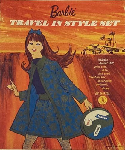 Barbie's Travel in Style Set shows a mod Barbie in a dark-colored top and matching blue and green patterned miniskirt and jacket, carrying a round piece of luggage in coordinating white, green and blue bands with stickers reading "London," "Paris" and "Rome." A blue hairbow complements the look. In the background palm trees blow in the wind and a jet airplane stands;; the ground and sky around her are all flaming orange, gold and brown in rough brush or marker strokes. 