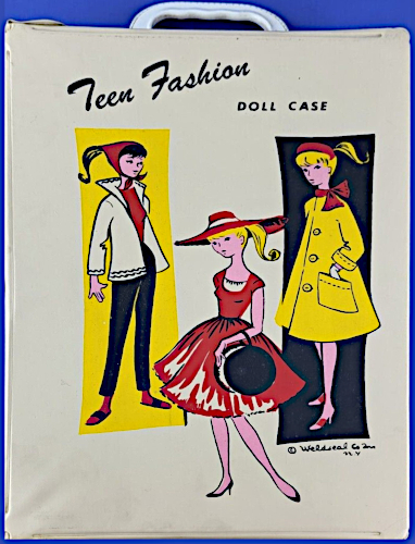 White vinyl case reading Teen Fashion Doll Case with a Weldseal copyright in small text. Like a Barbie case, characters stand before colored rectangles. On a yellow rectangle one brunette ponytailed character wears, basically, Barbie's Winter Holiday with no bag. To her right, on a black rectangle, a blonde ponytailed cahracter wears an A-like yellow coat with red scarf, red crescent hat, white gloves and red open-toe shoes. Down in front a second blonde in a red fit-and-flare dress and wide-brimmed red hat holds a black hat box.