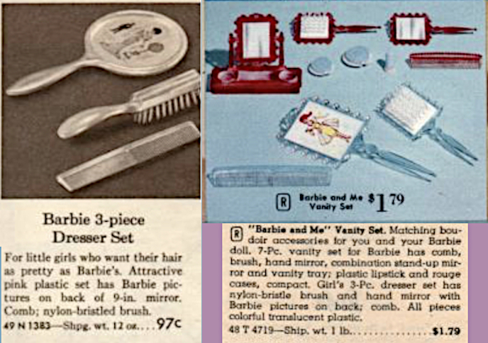 Left: Black-and-white department store catalog listing for "Barbie's 3-piece Dresser set." Image shows a comb, brush, and handmirror. The mirror's back faces up and features an illustration of brunette bubble cut Barbie in a long gown, apparently Enchanted Evening. To her right is a half-height Ken in a tuxedo or suit (maybe meant to be in the distance). To her right a small potted tree or shrub. Text reads, "For little girls who want their hair as pretty as Barbie's. Attractive pink plastic set has Barbie pictures on back of 9-in. mirror. Comb; nylon-bristled brush... 97 cents." R: Color catalog entry for "Barbie and Me" vanity set. Translucent blue plastic comb, brush, and mirror. The mirror and brush have similar wide, rectangular heads, and the mirror lies on its face so the back is visible with its illustration of red ponytailed Barbie in her Orange Blossom fashion of a yellow sheath with sheer or lace overdress. Also included are a doll-sized hand mirror, brush, comb, plus yet another mirror on a stand to sit on a vanity top, all in dark red or brown; in addition to a couple light blue compacts. Basically Ward combined a child-sized set, a doll-sized set, and maybe a couple other items. Text description reads, "Matching boudoir accessories for you and your Barbie doll. 7-Pc. vanity set for Barbie has comb, brush, hand mirror, combination stand-up mirror and vanity tray; plastic lipstick and rouge cases, compact. Girl's 3-Pc. dresser set has nylon-bristle brush and hand mirror with Barbie pictures on back; comb. All pieces colorful translucent plastic.... $1.79."
