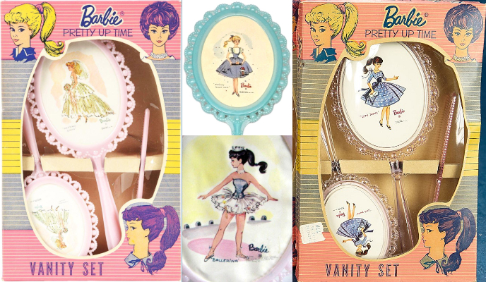 Four images of Barbie Pretty Up Time Vanity sets or pieces therefrom, all color photographs. Two are in boxes, showing oval-shaped brushes and mirrors with long handles, facing into the package so their backs are exposed showing Barbie illustrations. The mirror and brush in one set both have an illustration of blonde Barbie in Bride's Dream, while the second mirror and brush are illustrated with brunette Barbie in Let's Dance. The Bride's dream set looks to be made from opaque pink plastic, while Let's Dance plastic is clear or maybe pinkish-clear. Each set also has a matching comb. The remaining two subfigures show the backs of individual pieces: A mirror illustrated with blonde ponytail Barbie in Friday Nite Date (it is written "Friday Night Date" on the mirror) and a brunette in Ballerina. The Let's Dance illustration appears to have no background at all; Bride's Dream has a wash of pink; Friday Nite Date has a streak of light blue with some sparkles; Ballerina stands on a pink oval surrounded by footlights with a wash of yellow beyond. Each has the little Barbie signature at lower right and the name of the fashion handwritten below or below and left.