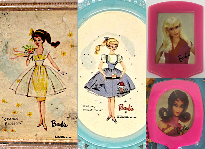 Four panels showing backs of brushes and mirrors from Pyroxoloid. Left is Orange Blossom as shown in a catalog earlier. This one is the linked auction of a used and well-worn version. In this view we can see Barbie holds her bouquet close to her face in one white-gloved hand. There is a pale blue swoosh beihnf her and a scattering of yellow stars or blossoms. Next is a closeup of the same "Friday Night Date" image included above. It's easier to see in this view that she holds a tray with two drinks. She also has a very pale swoosh behind her with black asterisk sparkles scattered all around. The last two are from 1974 sets. Both are opaque, hot pink plastic. One shows blonde Living Barbie and the other brunette Marlo flip, both photographed from about the chest up, with the Barbie signature in black at lower right and no other writing. The Marlo wears her original swimsuit. Not sure about LIving Barbie but it's something red and sleeveless with a v-neck, maybe another swimsuit.