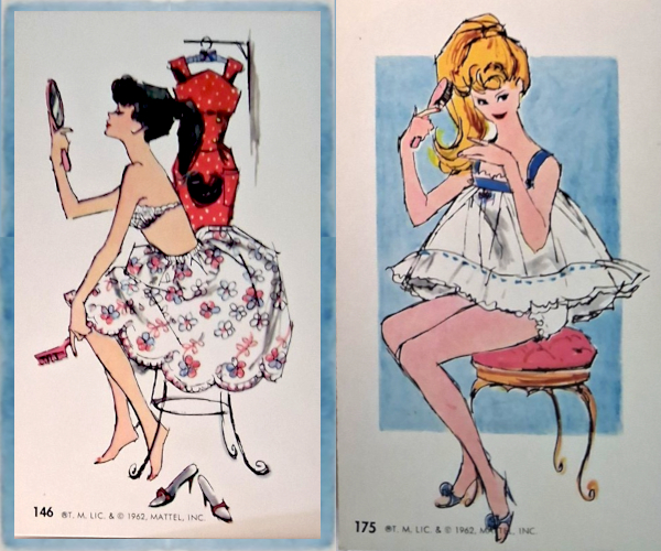 Two color illustrations of Barbie on vintage trading cards, At left, brunette ponytail character wearing a floral petticoat and brassiere sits on a stool, looking into a mirror she holds in one hand, while her other arm, extended, holds a brush. On the floor before her are two open-toed shoes. On a rack behind her is a red pak polka dot sheath (1962-63). She can't be planning to wear the sheath over the petticoat since the petticoat is very full. At right, blonde ponytail Barbie in a white and blue-trimmed version od Sweet Dreams (1959-63) holds the bottom of her ponytail as she brushes her hair. She, too, sits on a stool. This one has a red cushion and is gold toned. Her shoes are light blue, open-toed with pomons.