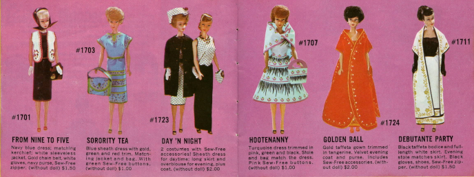 Color image from a Barbie fashion booklet showing photographs of bubble cut and swirl ponytail dolls wearing Sew Free Fashions. In this spread are From Nine to Five, Sorority Tea, Day 'N Night, Hootenanny, Golden Ball, and Debutante Party.