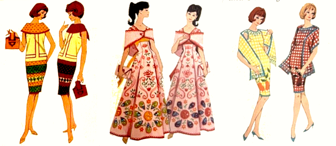 Color illustration from the Color Magic Fashion Designer Set instructions or packaging. AMerican Girl and Swirl Ponytail figures stand in pairs showing the two colorations of the color-changing Sew Free Color Magic Styles. Left is a narrow knee-length sheath with wide collar, yellow bodice, densely patterned skirt, and matching purse. Center is a ballgown in pink with kaleidoscopic embellishments and matching wrap adn envelope clutch. Right is another narrow dress, in checkered pattern that changes from yellow to red with pears printed around the hem and matching checked scarf.