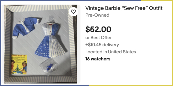 Ebay listing. Outfit consisting of blue-and-white color blocked dress with full skirt and matching jacket in blue with white polka-dot trim is laid out in a box that looks like early Barbie ensemble packaging, with a plastic window surrounded by striped cardboard. Like Barbie's genuine fashios included bagged shoes and a fashion booklet, this also includes bagged shoes and a small paper add for the actual Sew Free Fashion Fun Kits (it looks like the paper is a page from a Mattel Barbie book). However, this outfit is not Sew-Free and not Mattel at all. Beside the photograph is text from the eBay listing that reads: Vintage Barbie "Sew Free" Outfit; Pre-Owned; $52.00 or Best Offer; +$10.45 deliver; Located in the United States; 16 watchers.
