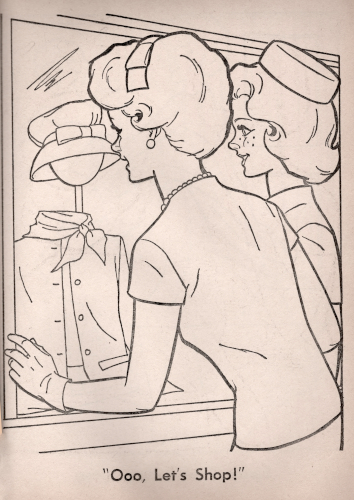 Black-and-white line drawing of bubble cut barbie in a short-sleeved top. short gloves, and pearls, facing away into a shop wondow. Midge in pillbox hat stands beside her. In the window is a stacked hat like the one belonging to Career Girl Barbie, along with a button-up jacket and scarf. Caption at bottom reads, "Ooo, Let's Shop!"