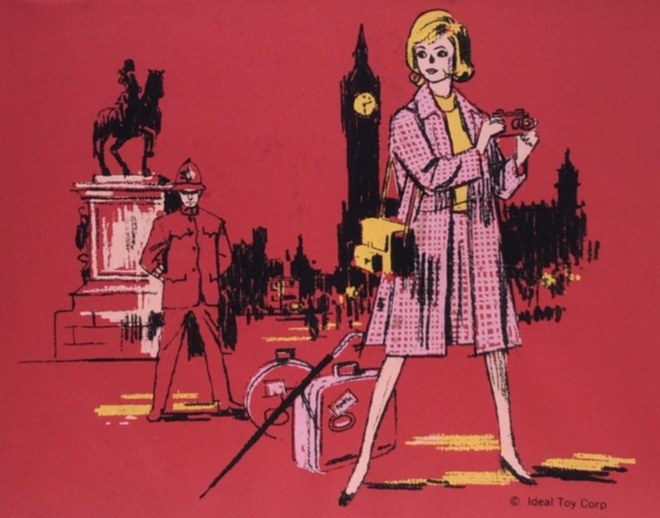 On a red background is a color illustration of blonde bobbed Tammy wearing a pink checked suit with yellow shirt and yellow camera case, holding a camera. Just behind one of her feet are a rectangular suitcase and round hat box, both with a couple travel skickers; an umbrella leans against the case. In the further distance are a statue of a figure on horseback, a bobby, Big Ben, and other bits of London scenery, drawn in scribble black with occasional bits of color.