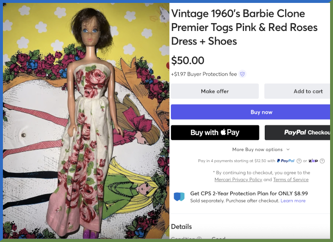 Left is a photograph of brunette Hair Fair Barbie wearing a strapless evening dress in white cotton, printed with detailed pink roses and with a wide pink border at the bottom. It also has a little of that bedsheet aesthetic. She's positioned on top of a mod Barbie and Stacey Sleep 'n' Keep case. Right, we can see the listing is labeled Vintage 1960's Barbie Clone Premier Togs Pink & Red Roses Dress + Shoes for $50.00.