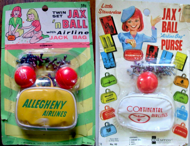 Two mini airline bags packaged on colorful cardboard backs. Left is a yellow bag with white trim and green bold text reading ALLEGHENY AIRLINES. Right is a while bag with a red art deco logo for CONTINENTAL AIRLINES with a little insignia of an aircraft in an oval. Both packages contain jacks and balls. Left, the package is predominantly lime green and yellow with an image of two children playing jacks. Large text reads "59 cents, twin set Jax 'n Ball with Airline Jack Bag." Smaller text not readable in the image includes the (c) 1967, Hong Kong manufacture, and Chemtoy Co., Chemincal Sundries Co., Chicago, ILL. 60650. Right is a white bag decorated with many colorful illustrations of flight bags for other airlines. A character dresses as a flight attendant, I suppose, with blue suit jacket and beret, holds between her fingers another of the bags, this one with a CHEMTOY logo. Text reads "Little Stewardess Jax 'N Ball "Airline Bag" Purse." Smaller text lists the contents ("1 AIRLINE BAG; 1 BALL; 8 JAX'S") and similar copyright and manufacture info to the first. The card bears a price sticker for 69 cents and a store logo that may say "Grant's."