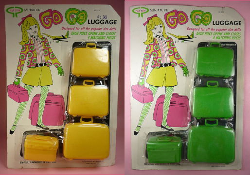 Two sets each of four pieces of plastic luggage, one all-yellow and one all-green, mint on card. Text says "Payton miniature Go Go Luggage; Designed for all the popular size dolls; Each piece opens and closes; 4 matching pieces." A character is illustrated with long blonde flip hair with bangs and a little pink hair bow--VERY much like TnT Barbie--wearing a psychedelic printed yellow, green and pink jacket, striped shirt, yellow miniskirt with black belt, green patterned or fishnet tights, and black shoes, holding a pink train case with two more pink cases beside her. Yes, it really does say "popular size dolls" whatever that means. The three suitcases are labeled "vanity case", "pullman," "overnighter," and "wardrobe." In the earlier photo of Payton Samsonite in the package, the labels aren't really visible but the red set that was not marketed for boy dolls had slightly different labels: "Ladies' Overnight," "Pullman Case," "Ladies' Wardrobe," and "Beauty Case."