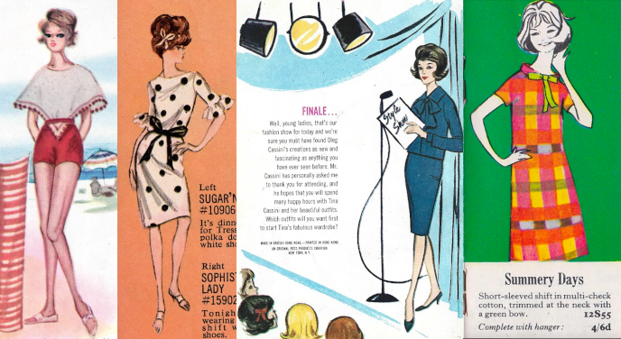 Four images from color booklets, The first we've observed before: Tammy in her red swimsuit with white coverup. Next is Tressy in Sugar 'n Spice, the white sheath with black polka dots and black tie belt that was presented earlier hanging on ar ack, but now it's worn by Tressy with bouffant brown hair. Next is the Tina booklet, showing a woman with black short flip hair in a navy suit, holding a program and speaking into a microphone. She is lit by floodlights and the heads of audience members fill one lower corner. Text reads "Finale..." FInally, Sindy is drawn in black and white with a short bob. She is smiling brightly, with one hand on her hip and one hand fluffing her hair. She wears a shift dress that is colored in with a plaid/check pattern of pink, orange, yellow and green, with a green bow at the next. The background is solid green. At the bottom, text reads "Summer days; Short-sleeved shift in multi-check cotton, trimmed at the next with a green bow. 12855 Complete with hanger: 4/6d"