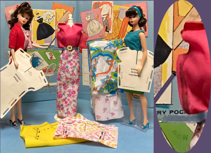 Another photo of the Busy Gal and Junior Designer in their studio. This time more of the background is visible with After Five, Part Date, Friday Nite Date, and a couple Ken fashions visible among the illustrations on the paper doll folder. In the foreground, the dolls hold clothing pattern pieces made of stiff paper and labeled "Barbie Dress" and "Barbie Bloude (cap sleeves). On a white dressform a pink jersey top is inside out, with dark marks over its hems; a narrow floor-length felt skirt in pink flowers on white accompanies it, along with a belt made from ribbon with a plastic "buckle." Junior Designer holds additional pieces of felt with flowery and psychedelic prints on white. On the floor are two further peices of felt material, one a solid yellow and one of pink and orange flowers, with patterns outlined on them in dark ink, drawn by tracing pieces like those the dolls hold. (I felt fortunate to find this used, vintage Sew Magic set with pieces in every stage of preparation and assembly, to get this shot without having to do any of the crafting.)