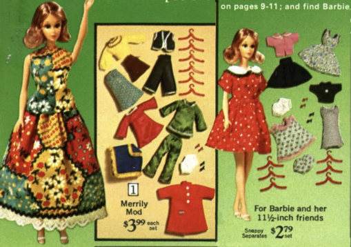 Partial color catalog listing. Red-haired Jamie is dressed in an ankle-length dress with a sort of insane quilt pattern of color-contrasting hexagons bordered by rickrack and lace; in an inset are shown various solid-colored separates, including a poncho, a shiny green tunic and slacks, and other pieces along with shoes and hangers. Text says "Merrily Mod $3.99 each set." To the right, Jamie wears a puff-sleeved and full-skirted knee length dress in a red patterned material with a white Peter Pan collar. A couple tops, a skirt, two dresses and a nightie with undies are displayed alongside her, labeled Snappy Separates $2.79/set.