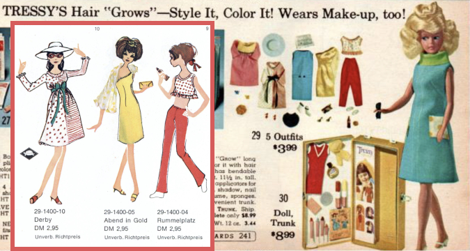 Color catalog layout. A large Tressy with platinum blonde hair wears the dress known in the US as Serendipity and in the UK as Wild Enchantment, described elsewhere. Five other outfits are shown laid out flat: Two for Tea, the red babydoll dress with yellow bodice and blue bow at waist; Derby, another babydoll shape divided vertically with half in brown polka dots on white background, half brown and white stripes, with a dark bow at waist; the second version of Good News which is a blue shift with brown trim, white boots with black trim, and the circular mod purse; A gold off-the-shoulder sheath with clutch purse and open-toed heels; and a white crop top with red trim and solid red slacks. It looks like these outfits all have shoes, unlike the previous catalog entry, though the images are indistinct. In an inset are three illustrations from the German Gaby/Kessy booklet. They are less comic-book-style than the UK ones, more like the hasty style of early Barbie fashino sketches but with cartoonishly oversized heads. They wear, L-R: Derby, the half brown striped, half brown polka dot dress. Here the belt tied in a bow looks green. The chatacter also wears a wide-brimmed white hat which is included in the department store catalog, too. Next, Abend in Gold, the off-the shoulder sheath which includes a sheer wrap and gold clutch; and Rummelplatz, the red slacks and red polka dotted crop top that was in both department store catalog sets. The character holds a soda pop bottle which, on inspection, is also visible in both department store catalogs.