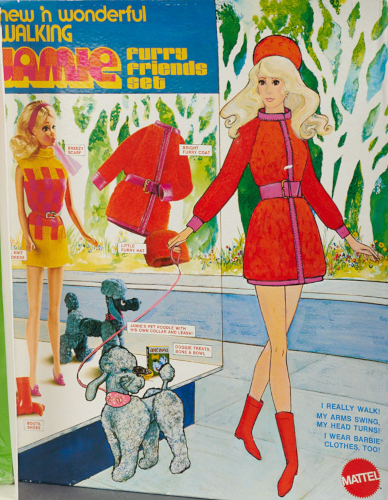 Color box art from gift set mixes illustration with photographed elements, so that an illustrated character appears to browse a shop window displaying mostly the same pieces she is wearing, except inside the window they are photographs and not hand illustrated. Blonde Jamie wearing a red coat with pink trim and wide pink belt, plus puffy red hat and red boots to mid-calf, walks a grey poodle outside a shop window. White trees are illustrated across the street in the background amidst hazy green. Inside the shop window are photographed components overlaid onto the illustration: the blonde Jamie doll in her yellow/pink/red minidress wears pink pilgrim shoes. A toy bog stands beside her to one side, her boots lie next to her on the other. Suspended in the air are her coat and hat as worn by the illustrated character in the scene. Text reads "new 'n wonderful Walking Jamie Furry Friends Set; I really walk! My arms swing, My head turns! I wear Barbie clothes, too!"