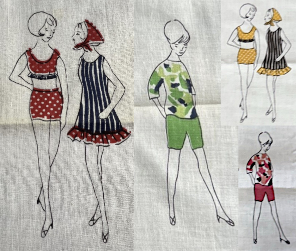 Figures illustrated on fabric. The bouffant woman wears a loudly-abstract-printed white shirt with elbow length sleeves and coordinated sold-colored shorts: one in green tones, one in pink. A second figure wears a polka-dotted two piece swimsuit with a ruffle around the hem of the top: one in red, one in yellow. Her mate wears a ruffled coverup with vertical black stripes and a polka-dotted ruffle and head kerchie in the color of her companion's attire.