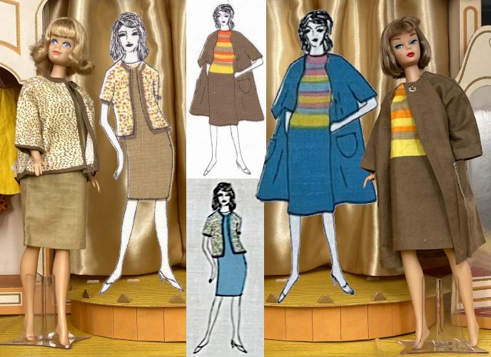 Two ensembles in two color schemes are photographed on dolls and illustrated on fabrics. Both outfits consist of a kneelength dress with slim silhouette covered by a boxy coat or jacket. In the Fashion Shop, repro Midge stands to one side of the stage wearing a brown dress with hip-length, 3/4 sleeved, oatmeal-colored speckled with brown, brown-trimmed jacket. Composited onto the stage next to her is the illustrated version, which looks the same but the sleeve lengthis more like a short-sleeved T-shirt. American Girl repro with ash blonde hair stands to the opposite side of the stage. Her dress has a solid brown skirt part, matching jacket with hem also to the knee or just below, and the bodie part of the dress is yellow, orange and brown striped. Composited onto the stage next to her is the illustrated character in the same look but with teal jacket and skirt, yellow pink and teal bodice. The image is split down the center with smaller versions of the illustrations between: the illustration of the American Girl's look in the colors she wears, and the illustration of Midge's look but in light blue. My opinion is that all of these designs are chic.