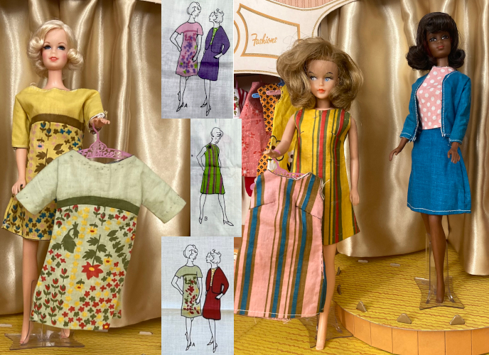 Figures in the fashion shop and illustrated on fabric. On stage, the repro Stacey wears a cute A-line shift dress with elbow-length sleeves, a yellow top, brown band at high waist, and flower-printed skirt in brown, yellow and green. She holds on a hanger another of her dress, but primarily in green. In a second image, on stage, vintage Julia wearing a black flip wig from repro Hair Fair wears a cute skirt suit: matching collarless jacket and A-line skirt in teal, plus a pink polka-dotted shell top. One note about the construction stands out here: the thread used to stitch the suit is in a contrasting white. Maybe a style choice or maybe just what was in the bobbin! Next to the stage, Tressy stands wearing the sleeveless, yellow striped shift that was displayed on a dressform in the designer studio setting above. She holds on a hanger a second one of her shift but in pink with blue and green stripes. Behind her the clothing rack of the Fashion Shop is slightly visible with other Cut n Sew fashions hanging, including the hostess wrap skirt of the previous image.
Between the two images are sketches of other color combos associated with this set. At top is a pink version of Stacey's dress with a purple and green version of Julia's suit; below that, a green version of Tressy's shift; at bottom, The dress Stacey holds along with a red and yellow version of the suit.