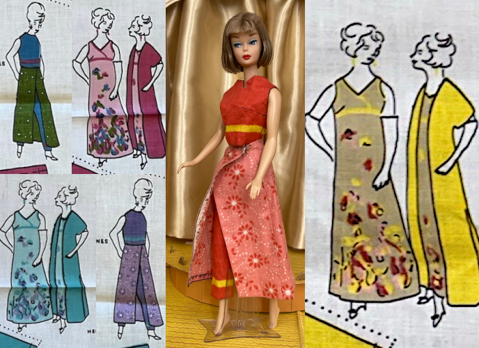 Composite of one dressed doll and illustrations of fashions from the cut 'n' sew fabric panel. The photographed doll is an American Girl repro. She wears a sleeveless crop top in red with a wide yellow stripe around the bottom, red slacks with a yellow stripe near the botrom, and a wrap overskirt in pink with red flowers. The overskirt and pants were also in the Mercari listing screenshotted near the top of the post. There is nothing elegant about the color combination.
Next to the photo is the fashion illustration of the taupe paisley dress with yellow coat that Casey wore earlier. Two versions of the figure are drawn, one with and one without the coat, facing each other and each with an elbow jutting out. Two more color combos of this set of fashions are also illustrated, shown smaller. Along with the pink dress and coat the Tammy wore before is a hostess outfit in teal with purple stripe and green skirt (again, the colors are kinda mystifying, bold and inharmonious). The third set is the dress and coat in yeal, with pyjama set in purple.