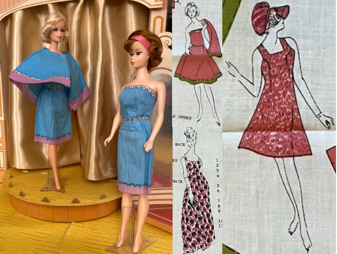 In the Fashion Shop, a repro short flip blonde Stacey stands on stage wearing a cocktail dress in sky blue with purple trim, along with a matching cape. Before the stage stand Cool Collecting Barbie (kind of side part American Girl style) wearing the strapless cocktail dress only. A feature I like about these gamernts is that between the blue and purple is a wiggly line of white with black splotches that, in photographs, really looks like glitter. It's actually just printing on woven cotton. In the illustrations is another of the dress with cape in watermelon pink and green; the long dress Kelley wore but in pink with blue flowers; and another kneelength dress, sleeveless, with mottled pink-and-white print and matching brimmed bonnet looking hat. This outfit looks like you could wear it to a music festival in 2026. I don't understand it as 60s eveningwear.