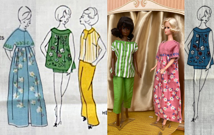 Three panels. First, illustrations on fabric: The figure with bouffant wears a floorlength robe or nightgown in pale blue with green trim and the waist and elbow-length sleeve, and white flowers scattered over the skirt; beside her are the pair of figures. One wears a babydoll nightie in green with allover flowers, plus green short shorts. The second wears long yellow pants and a yellow-and-white striped top. Second image is a photo of the Fashion Shop stage, on which Julia wears the pants outfit in green, while Stacey wears the long gown in pink. Right is another fabric piece with the babydoll nightie shown in blue.